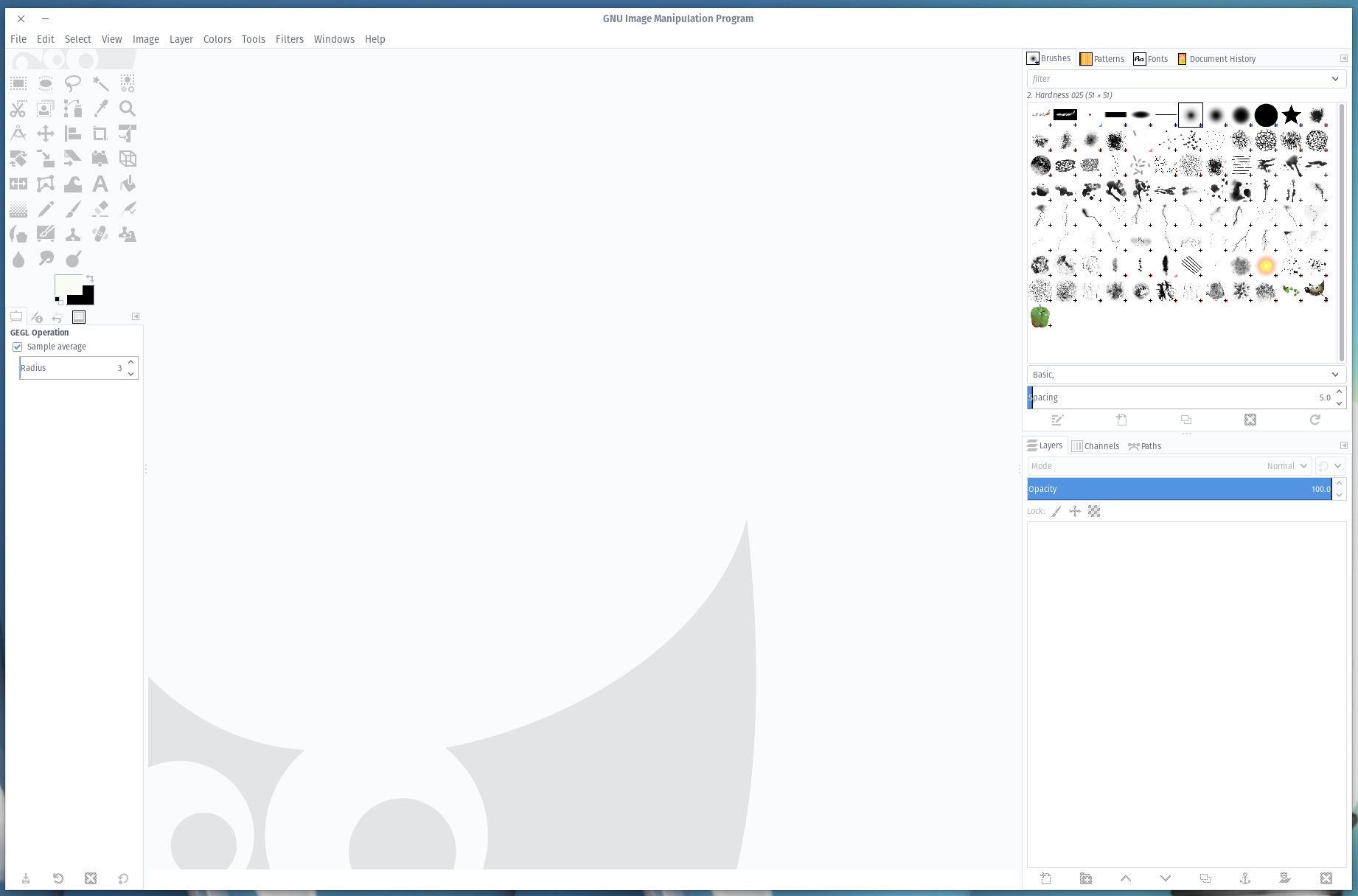 Снимок экрана интерфейса GIMP.