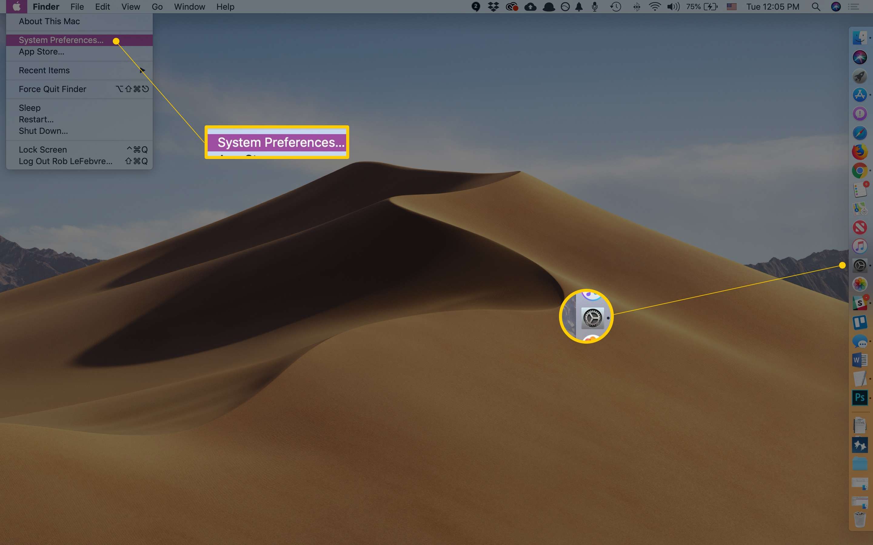 Системные настройки в меню Apple и в доке на рабочем столе MacOS
