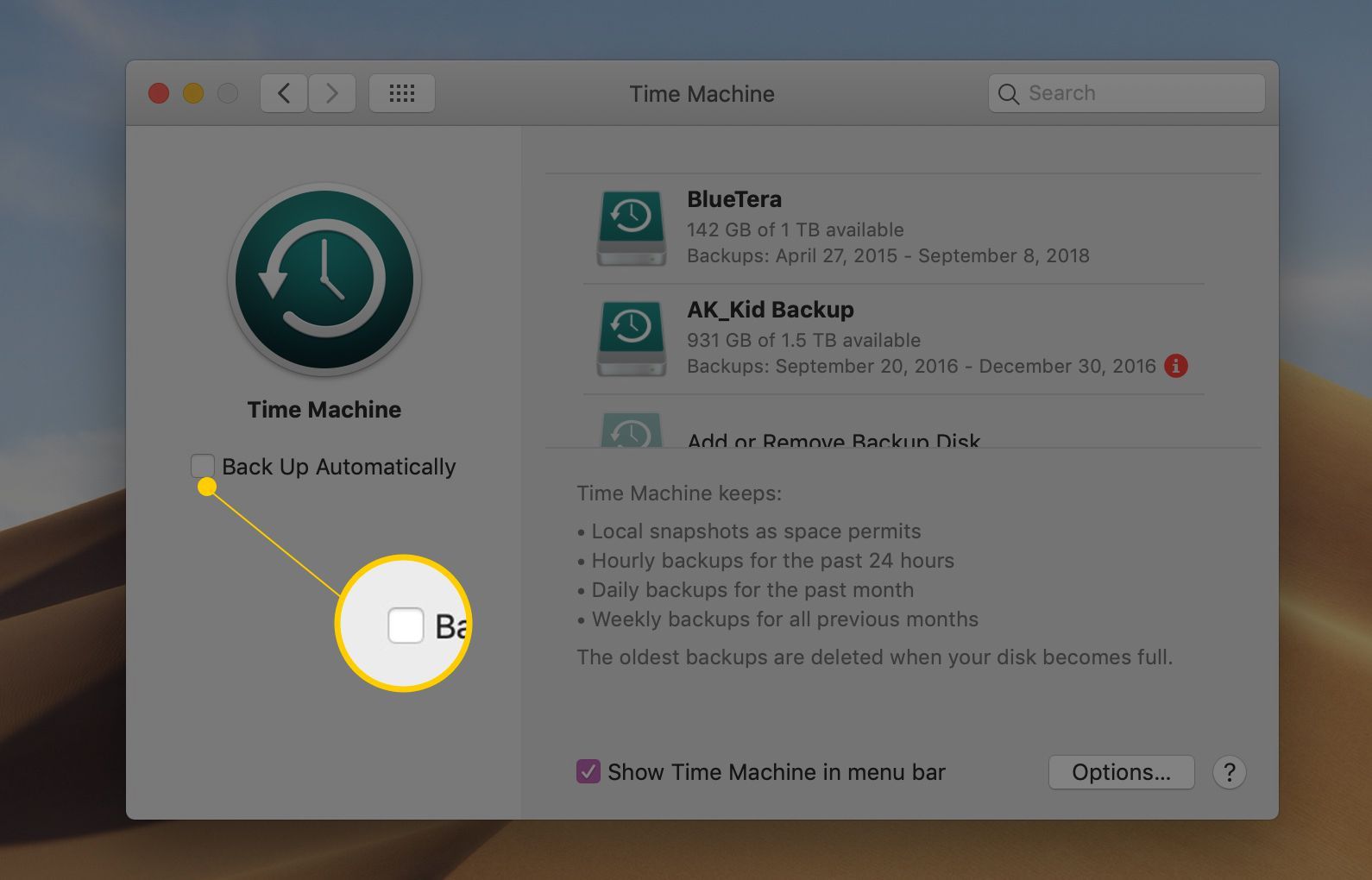 Установите флажок Автоматически в настройках Time Machine в macOS Mojave