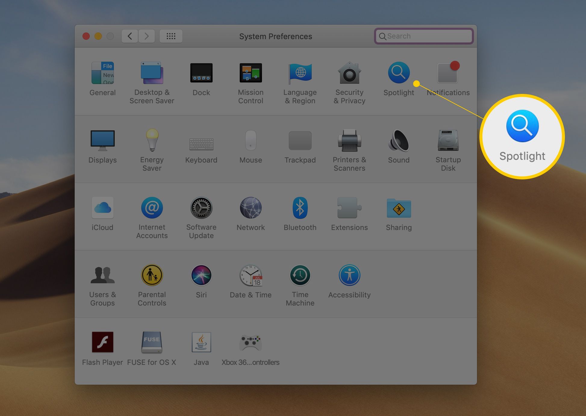 Значок Spotlight в приложении «Системные настройки» в macOS