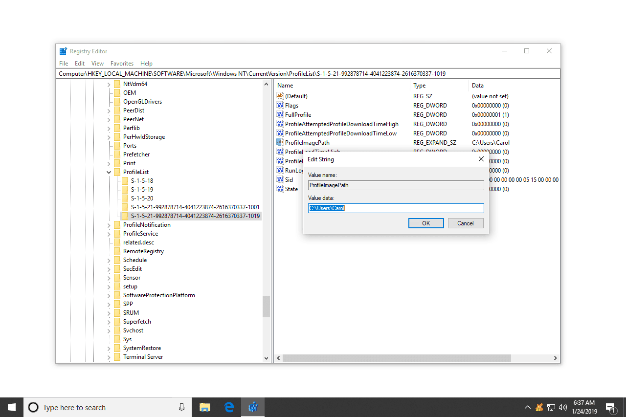 Пример SID в редакторе реестра Windows 10