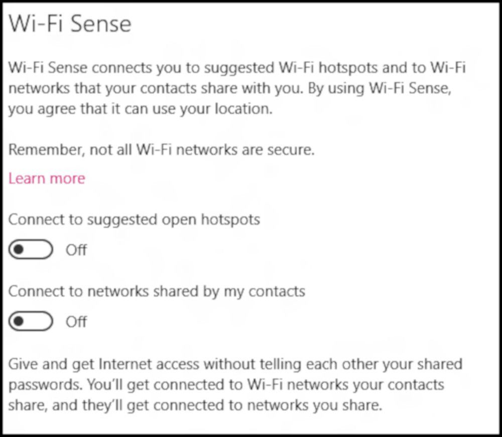 Настройки Windows 10 Wi-Fi Sense