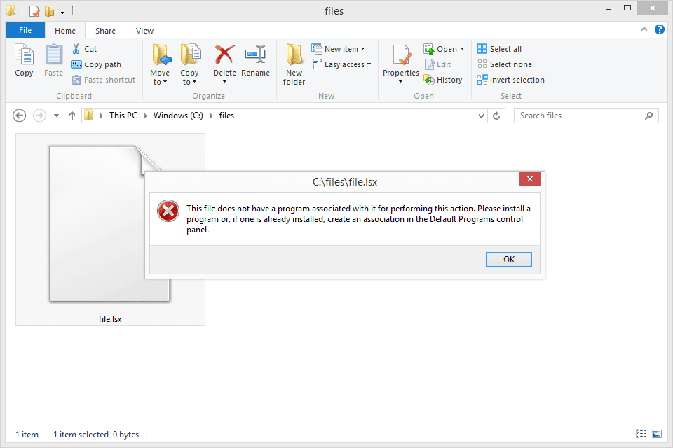 Скриншот ошибки в Windows 8 при попытке открыть файл, который не't have a program associated with it