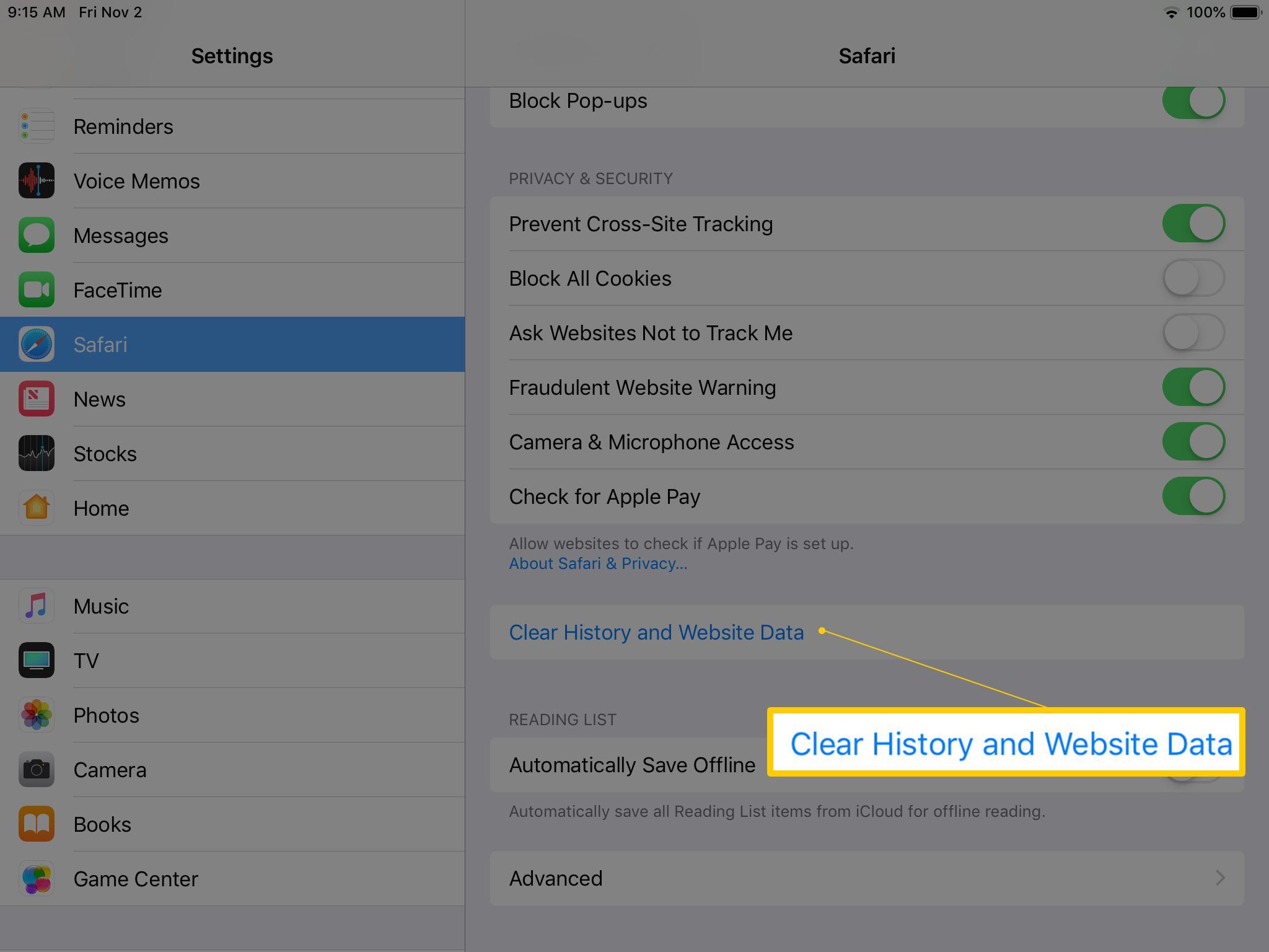 Кнопка «Очистить историю и данные веб-сайта» в настройках Safari на iPad