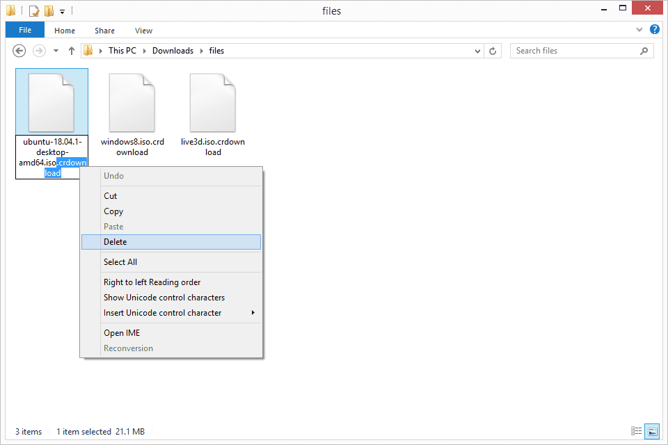 Снимок экрана, показывающий, как удалить суффикс CRDOWNLOAD из имени файла