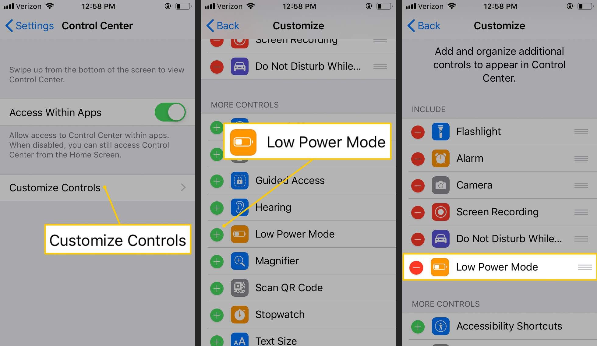 Настройка элементов управления, кнопки режима низкого энергопотребления в настройках iOS