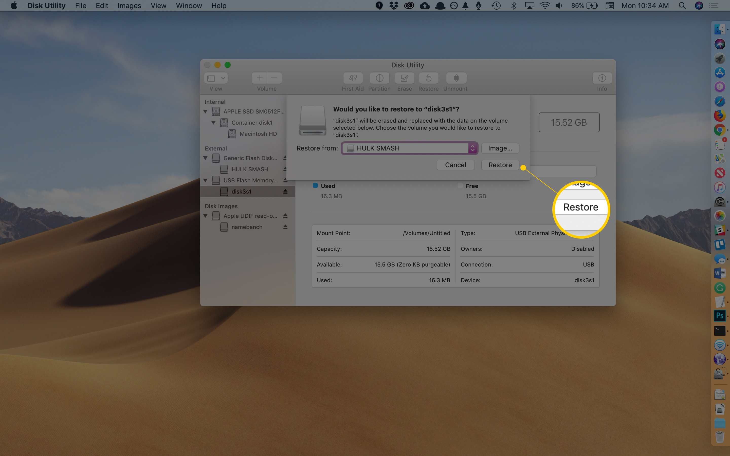 Кнопка восстановления в macOS's Disk Utility app restoring to a flash drive
