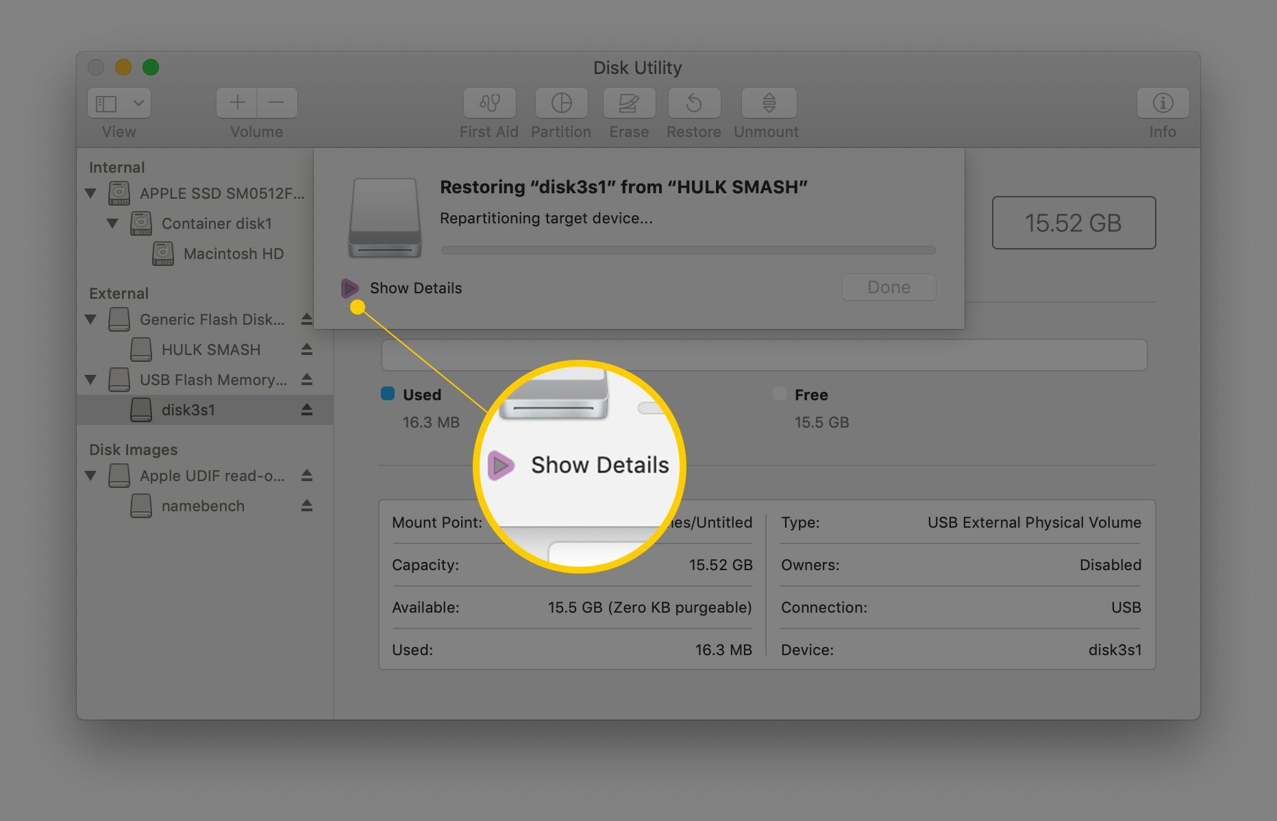 Кнопка Показать детали в процессе восстановления в macOS's Disk Utility app