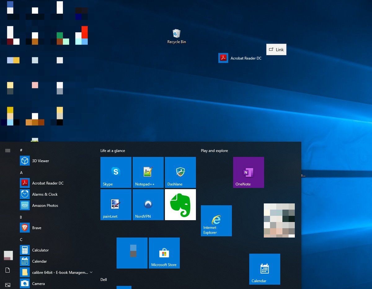 Нажмите и перетащите из меню Пуск Windows 10