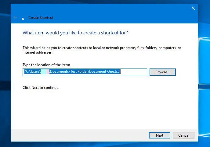 Путь к элементу для создания ярлыка на рабочем столе в Windows 10