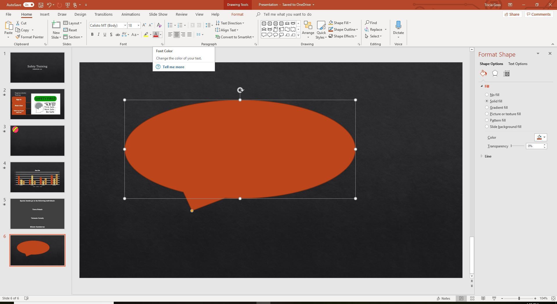 Скриншот текущего цвета шрифта в PowerPoint.