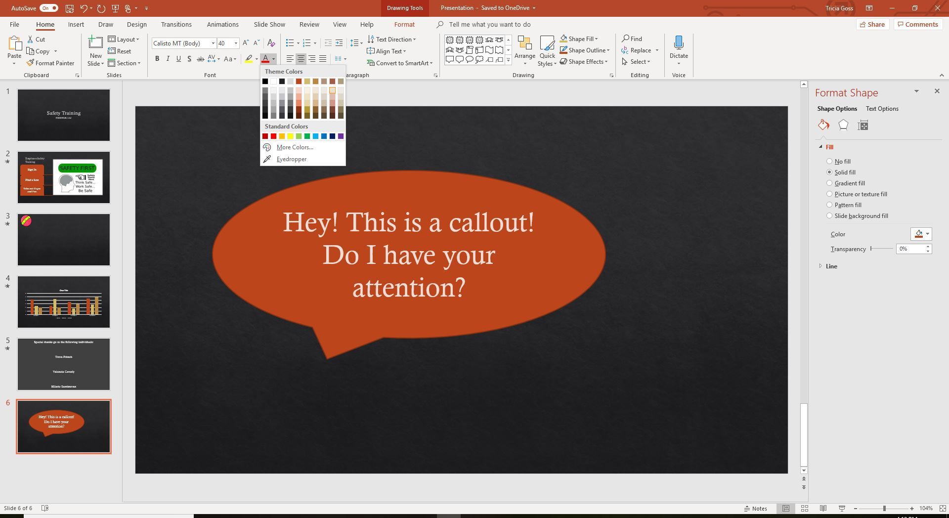 Скриншот цвета шрифта в PowerPoint.