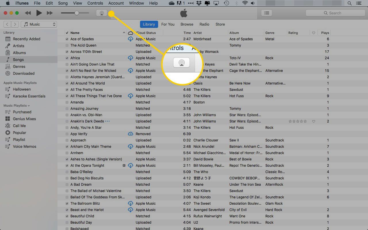 iTunes на Mac с выделенным значком AirPlay
