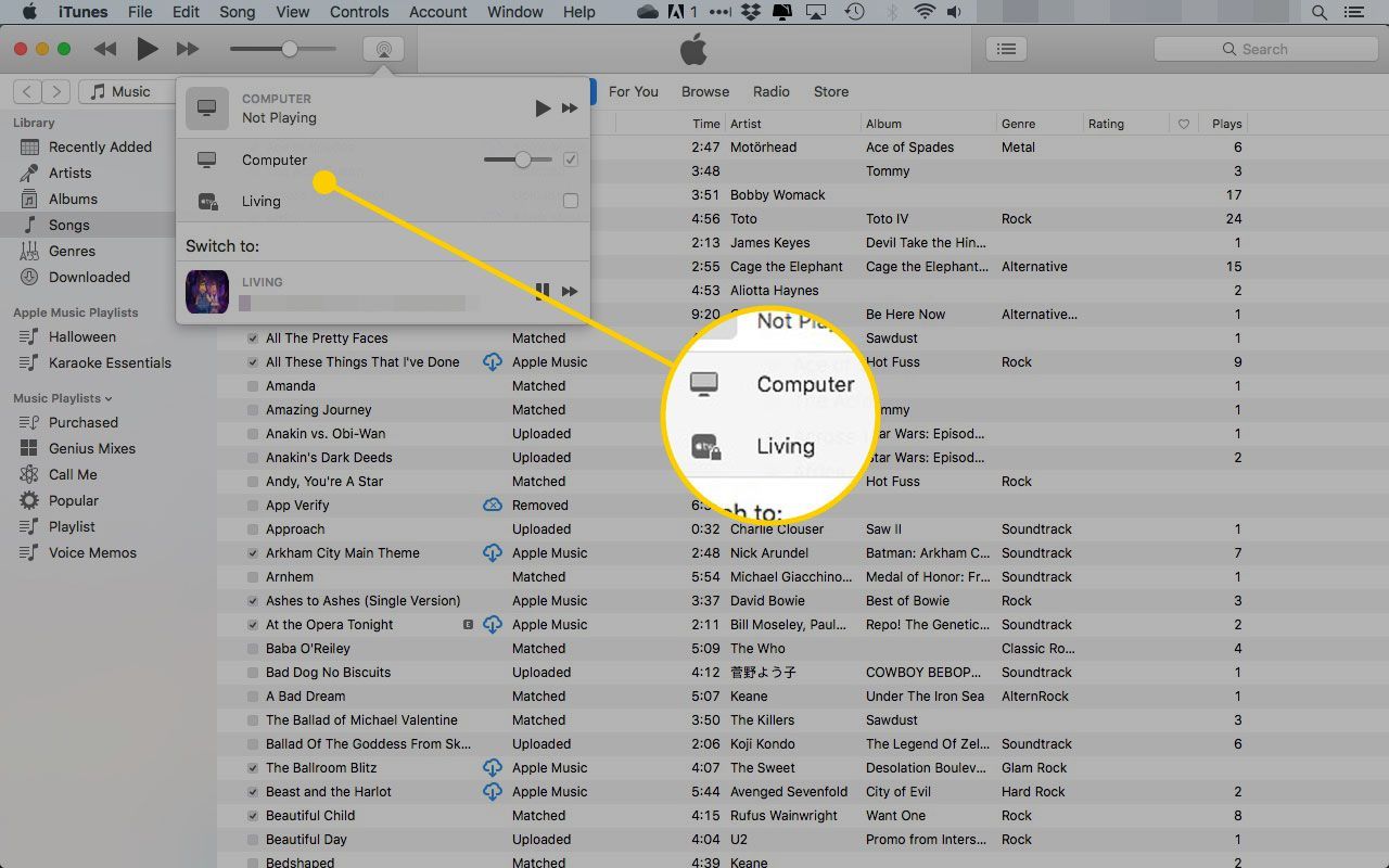 iTunes на Mac с выделенным меню AirPlay