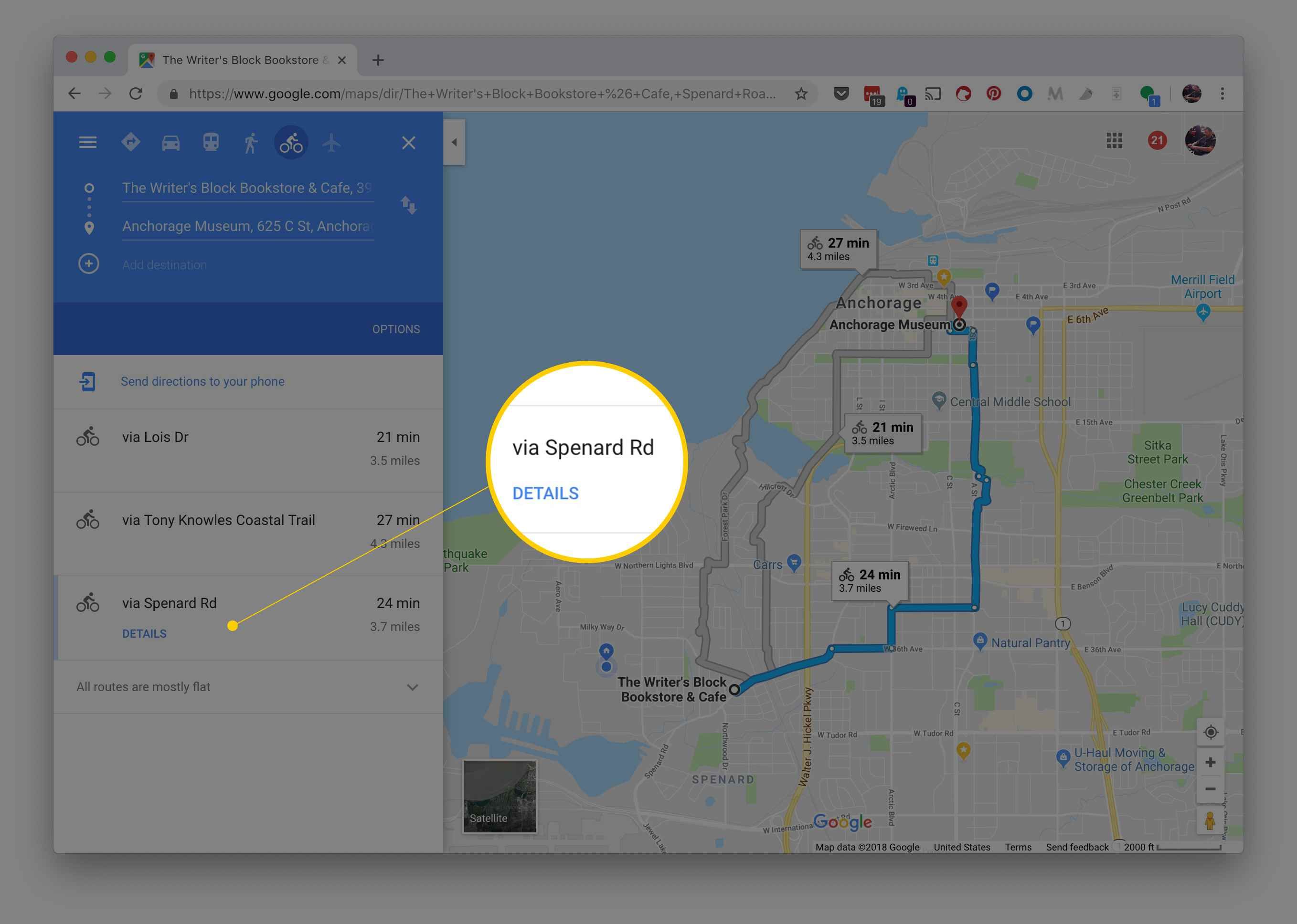 Альтернативный маршрут в Google Maps для велосипедных направлений