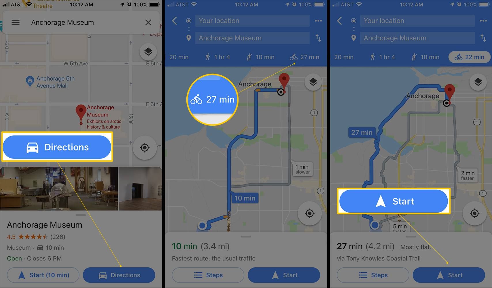Три экрана iOS, отображающие кнопки «Направления», «Велосипед» и «Пуск» в Картах Google