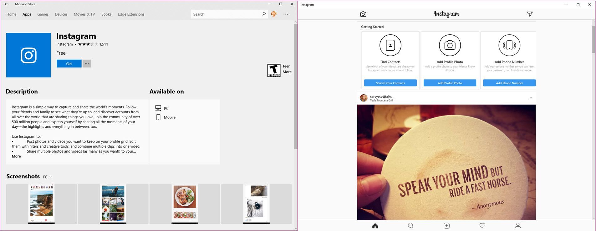 Снимки экрана приложения Instagram для ПК в магазине WIndows и установлены.