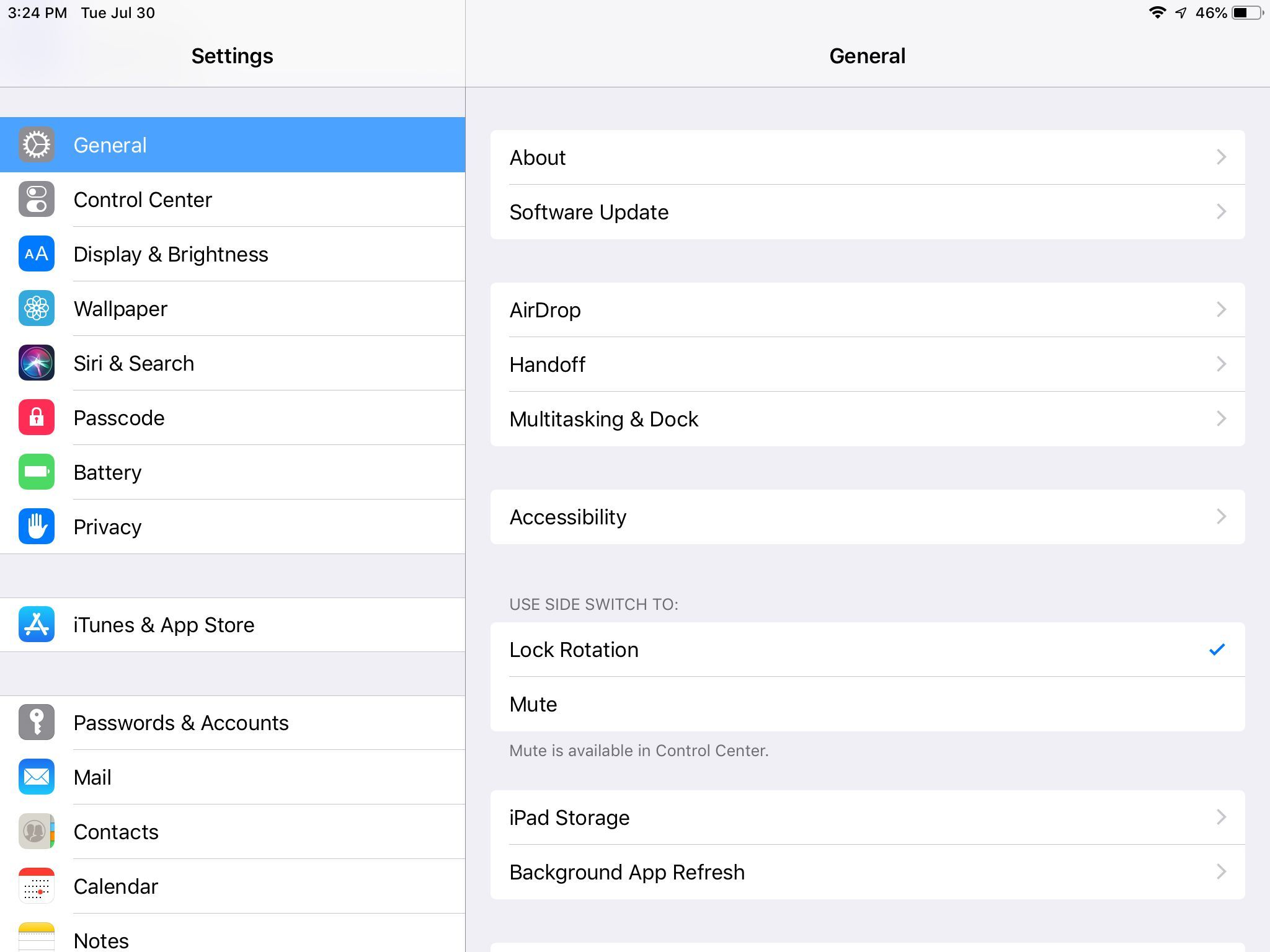 Настройки iPad, отображающие опцию iTunes и App Store