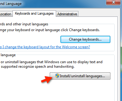 Снимок экрана о том, как изменить язык Windows 7