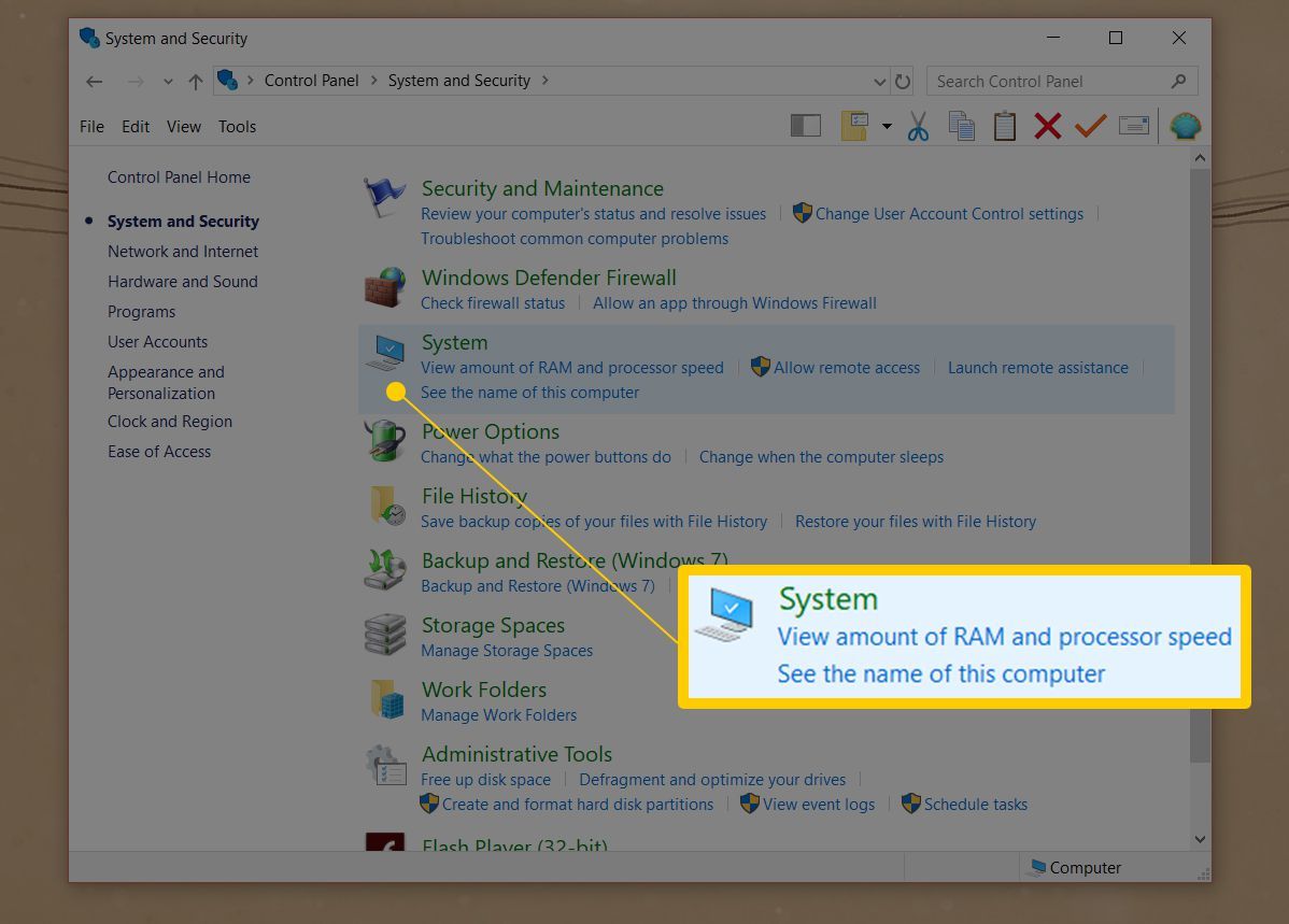 Системная ссылка в панели управления для Windows 10