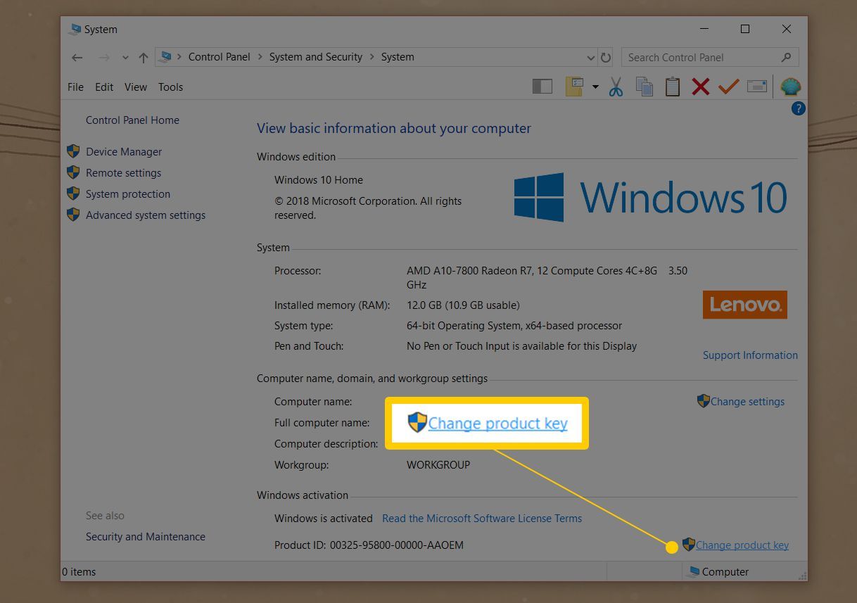 Изменить ключ продукта в системной панели Windows 10