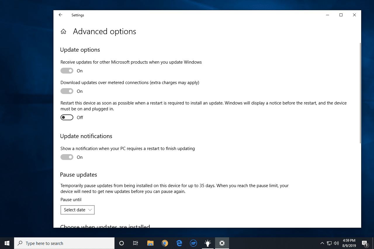 Дополнительные параметры в настройках обновления Windows 10