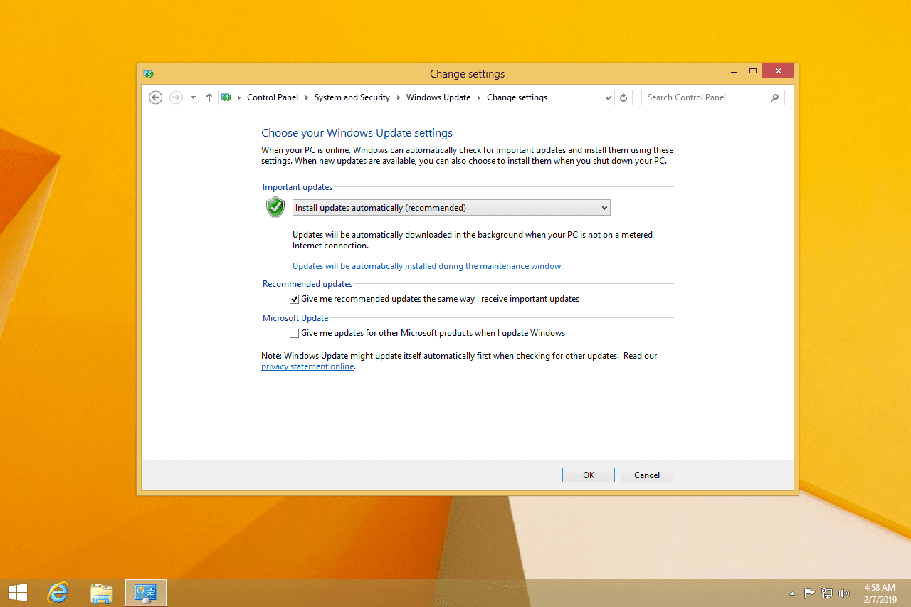 Настройки Центра обновления Windows в Windows 8