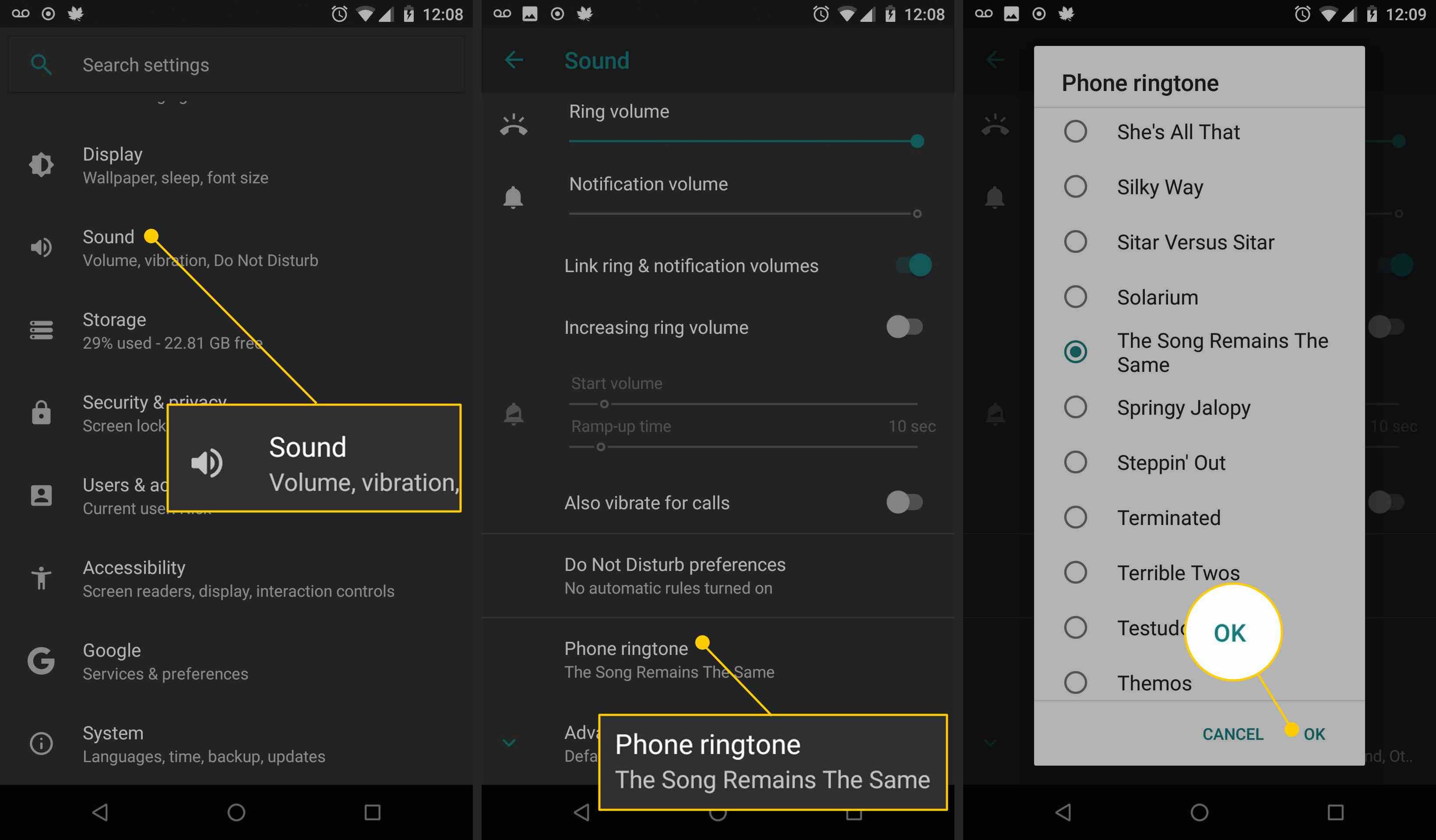 Звук, мелодия телефона, кнопки ОК в настройках Android