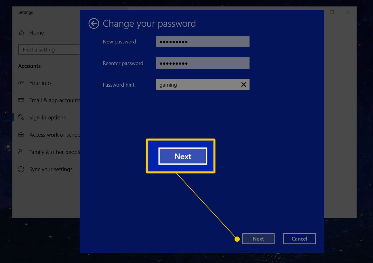 Кнопка «Далее» на экране смены пароля, новый пароль