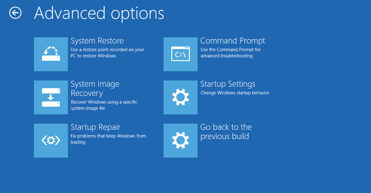 Снимок экрана с меню расширенных параметров в Windows 10