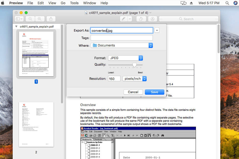 Конвертер PDF в JPG в Preview для macOS