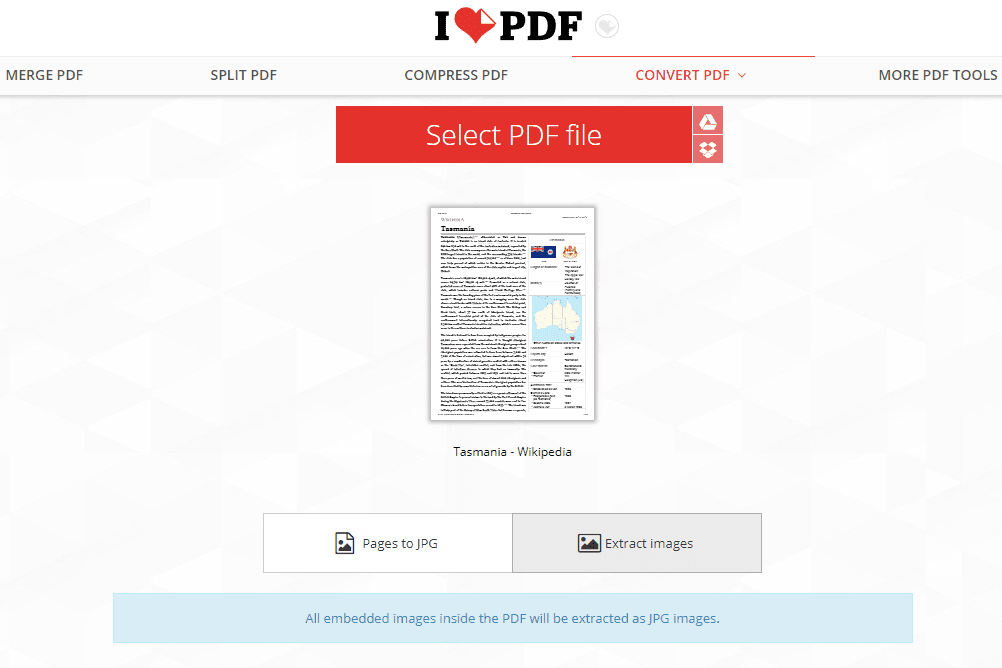 Сайт iLovePDF, конвертирующий PDF в JPG