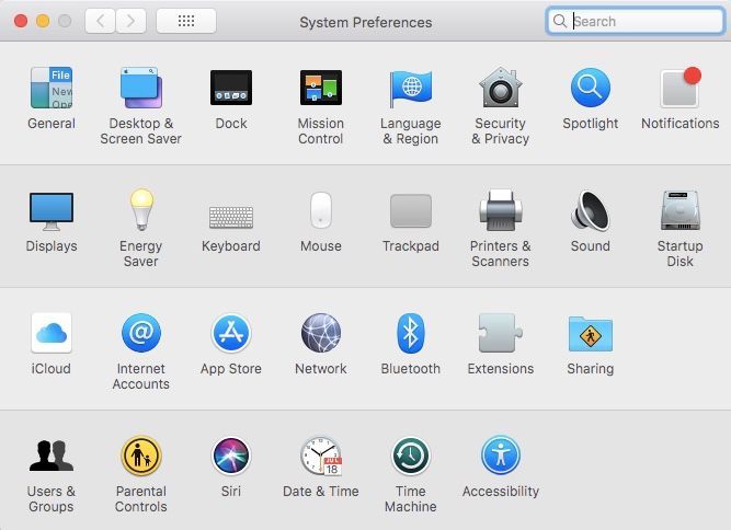 Экран системных настроек Mac