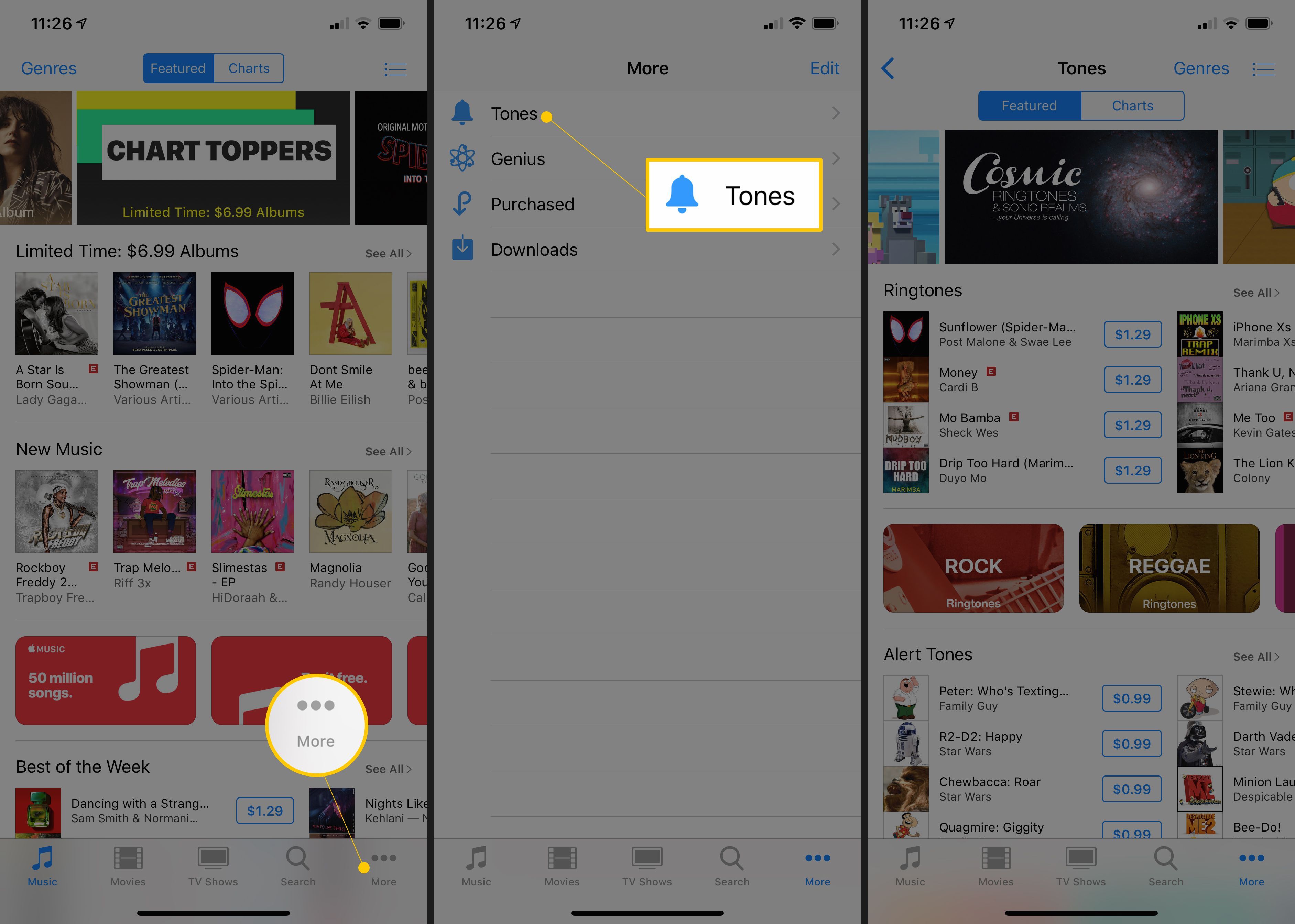 Три экрана iOS с кнопкой «Больше и тоны» в приложении iTunes Store