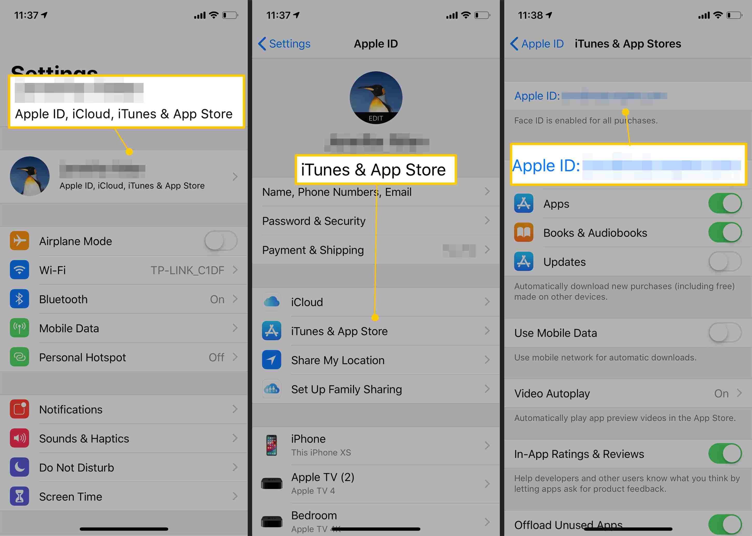 Снимки экрана iPhone, показывающие, как добраться до iTunes и магазина приложений в разделе настроек