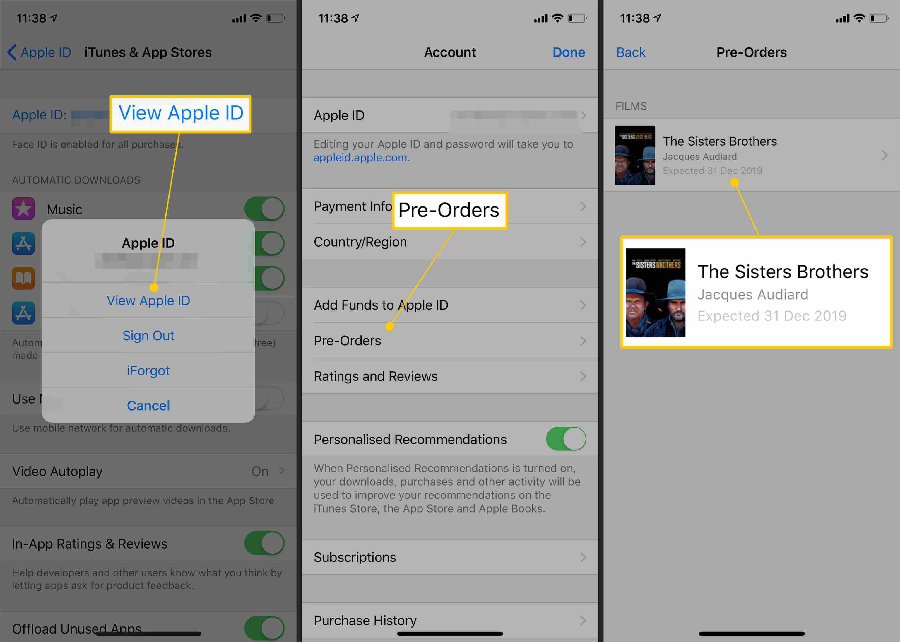 Снимки экрана iPhone, показывающие, как найти любые предварительные заказы, которые у вас есть на iTunes