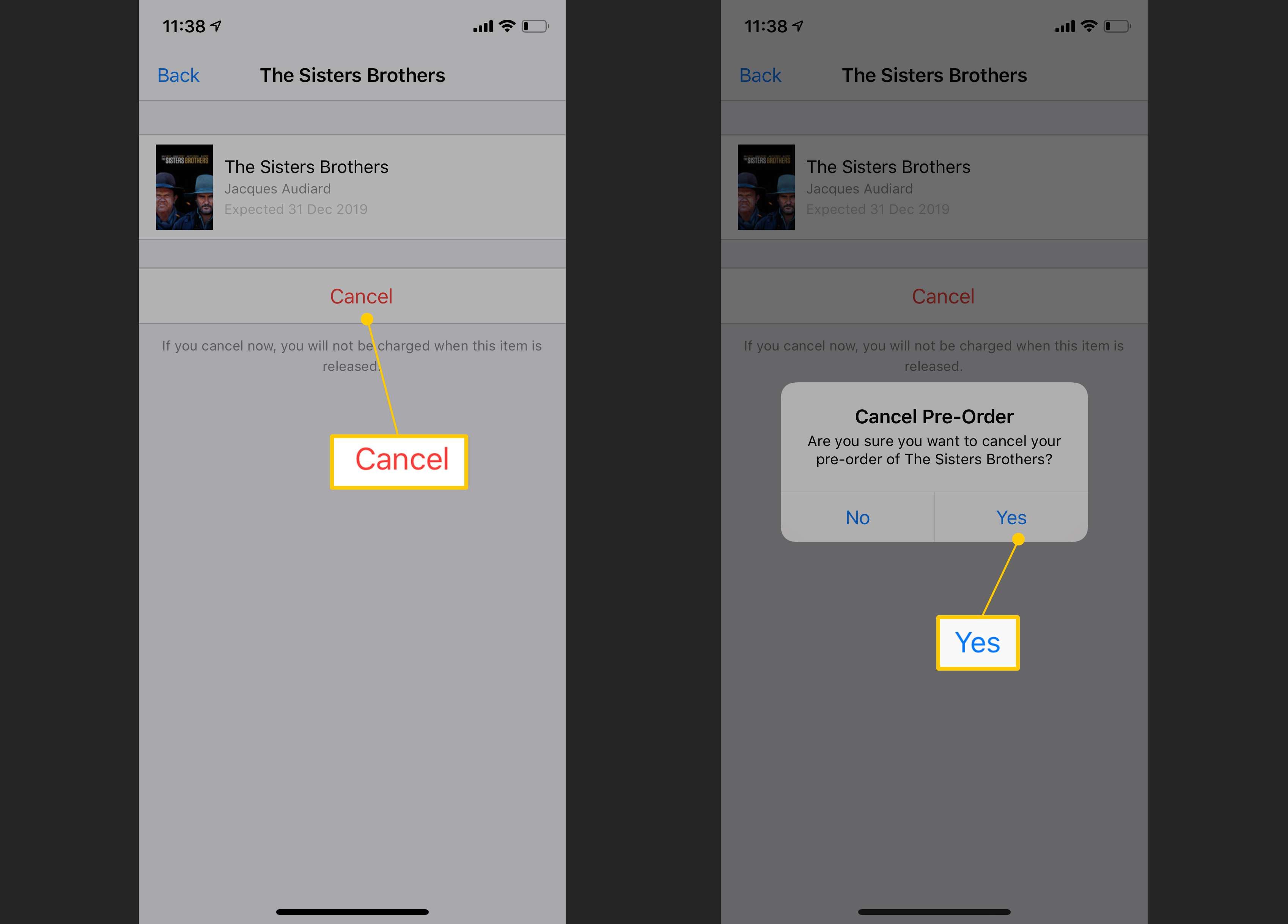 Снимки экрана iPhone, показывающие, как отменить предварительный заказ iTunes