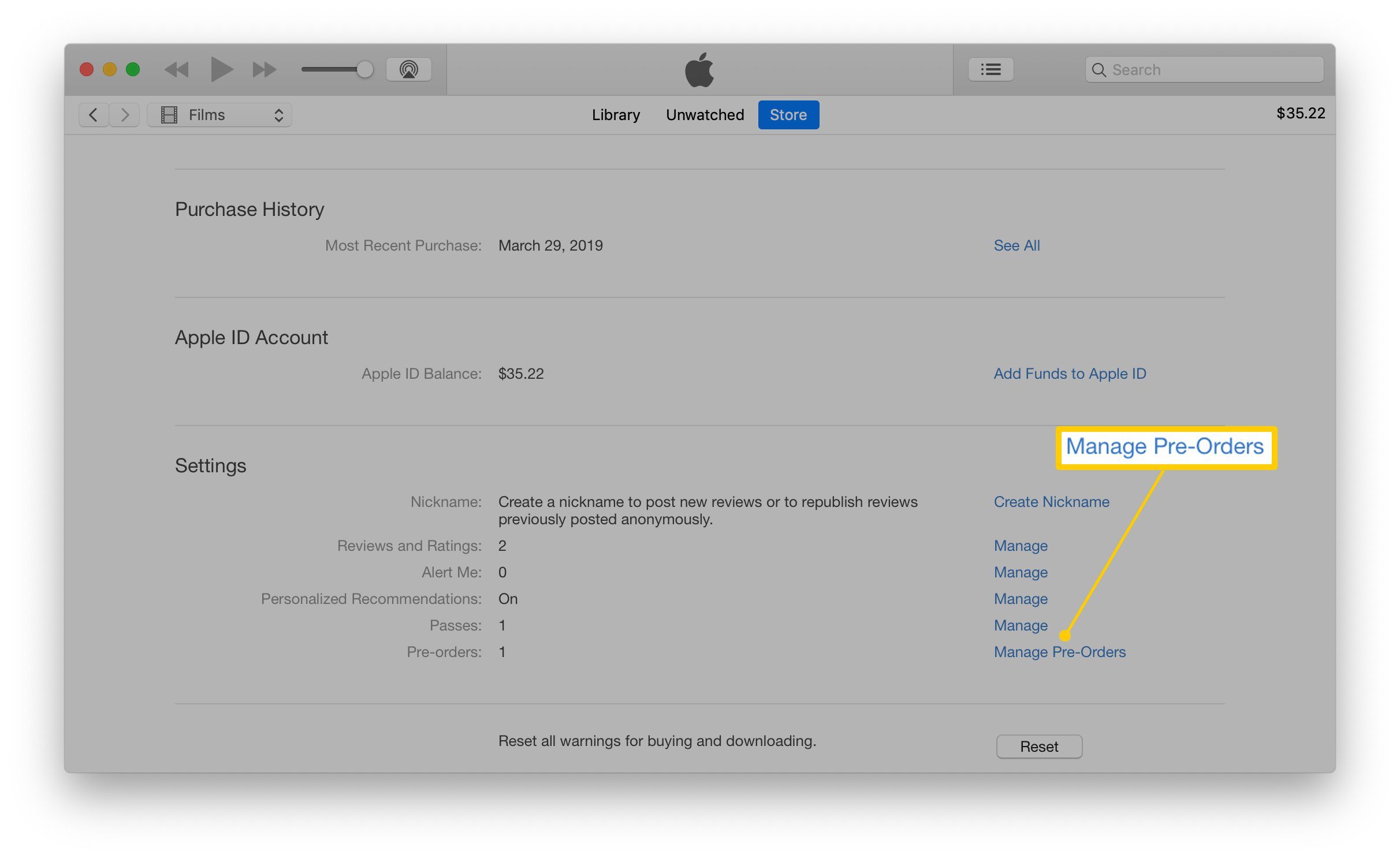 Снимок экрана iTunes, показывающий, как найти ваши предварительные заказы