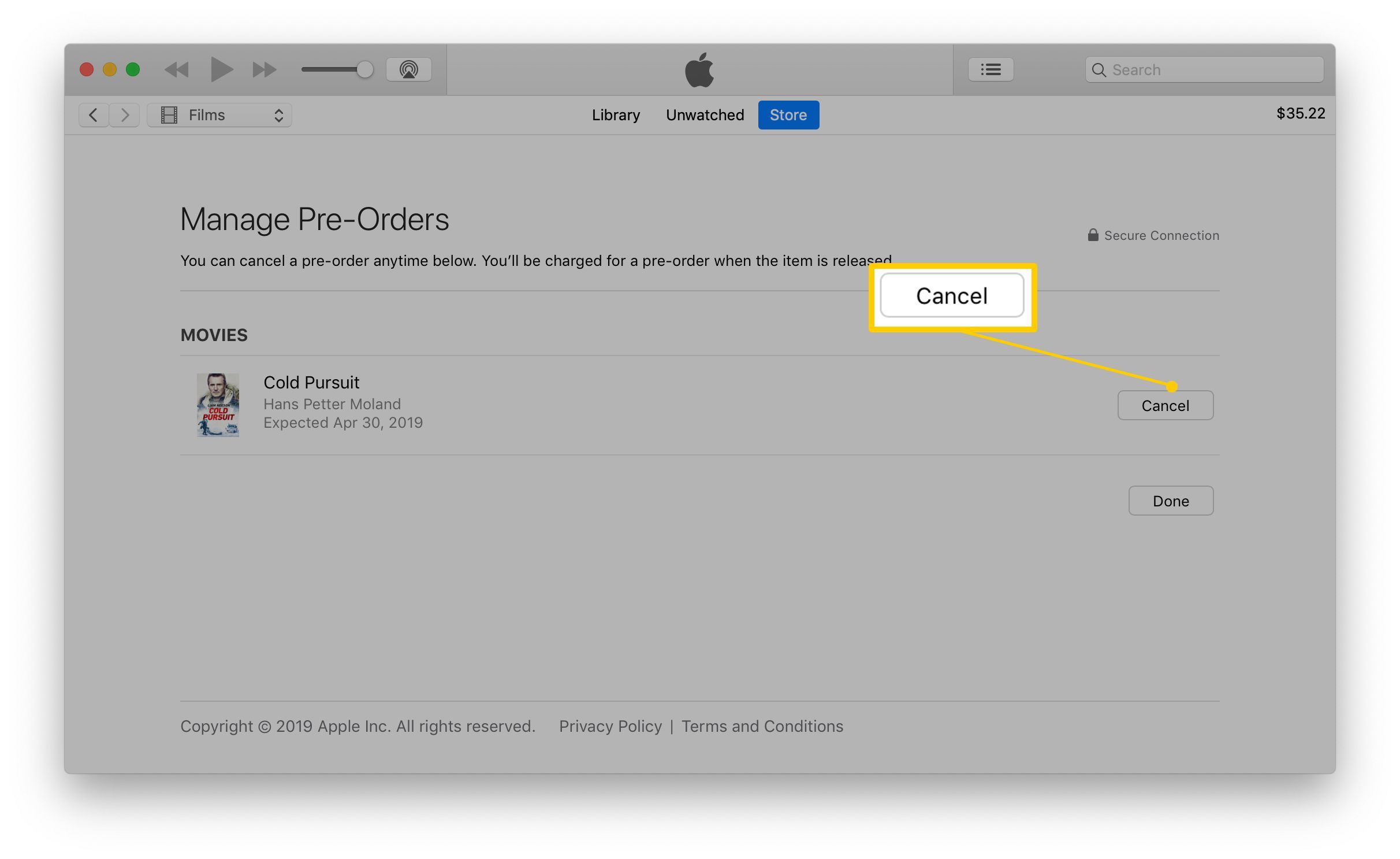 Снимок экрана iTunes, показывающий, где'cancel pre-order' button is located
