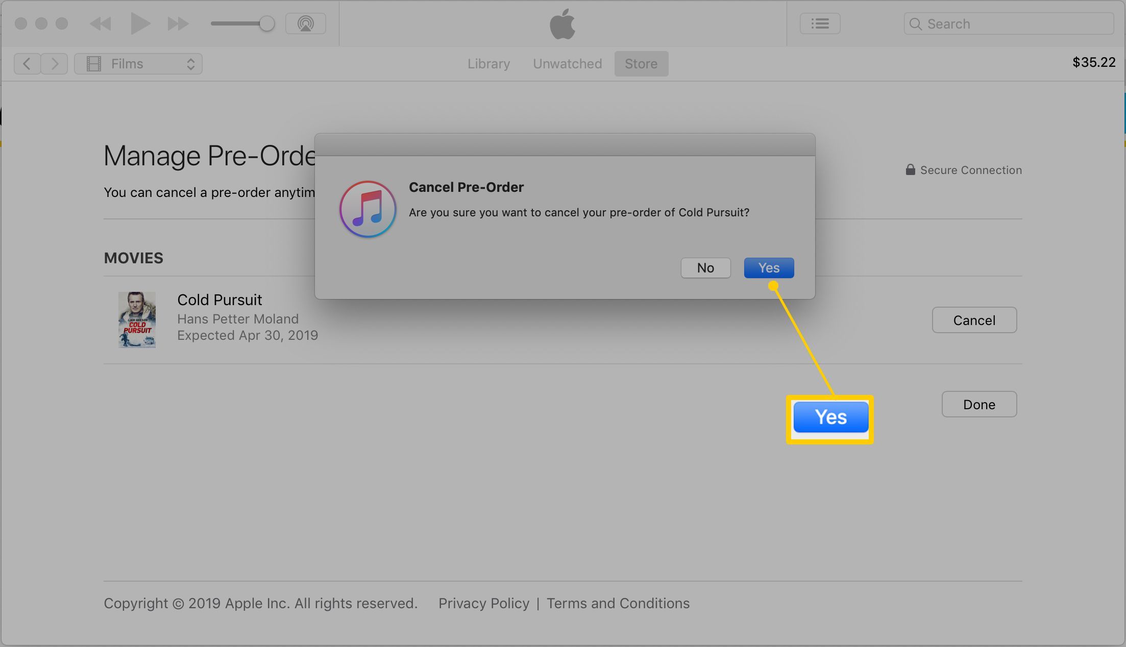 Снимок экрана iTunes, показывающий'yes' button that needs clicking to cancel a pre-order