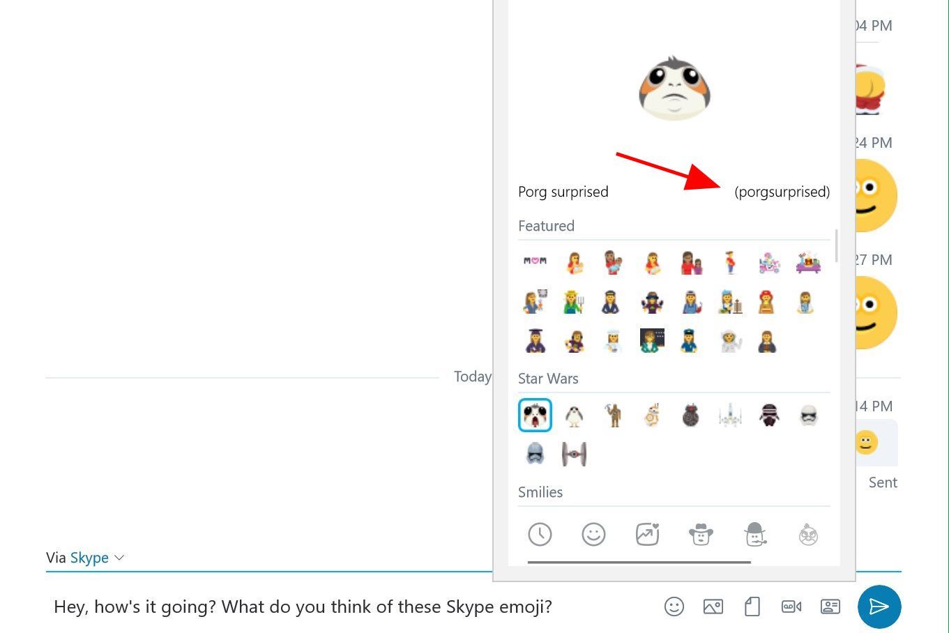 Стрелка, указывающая на кодовые имена Emoji Skype