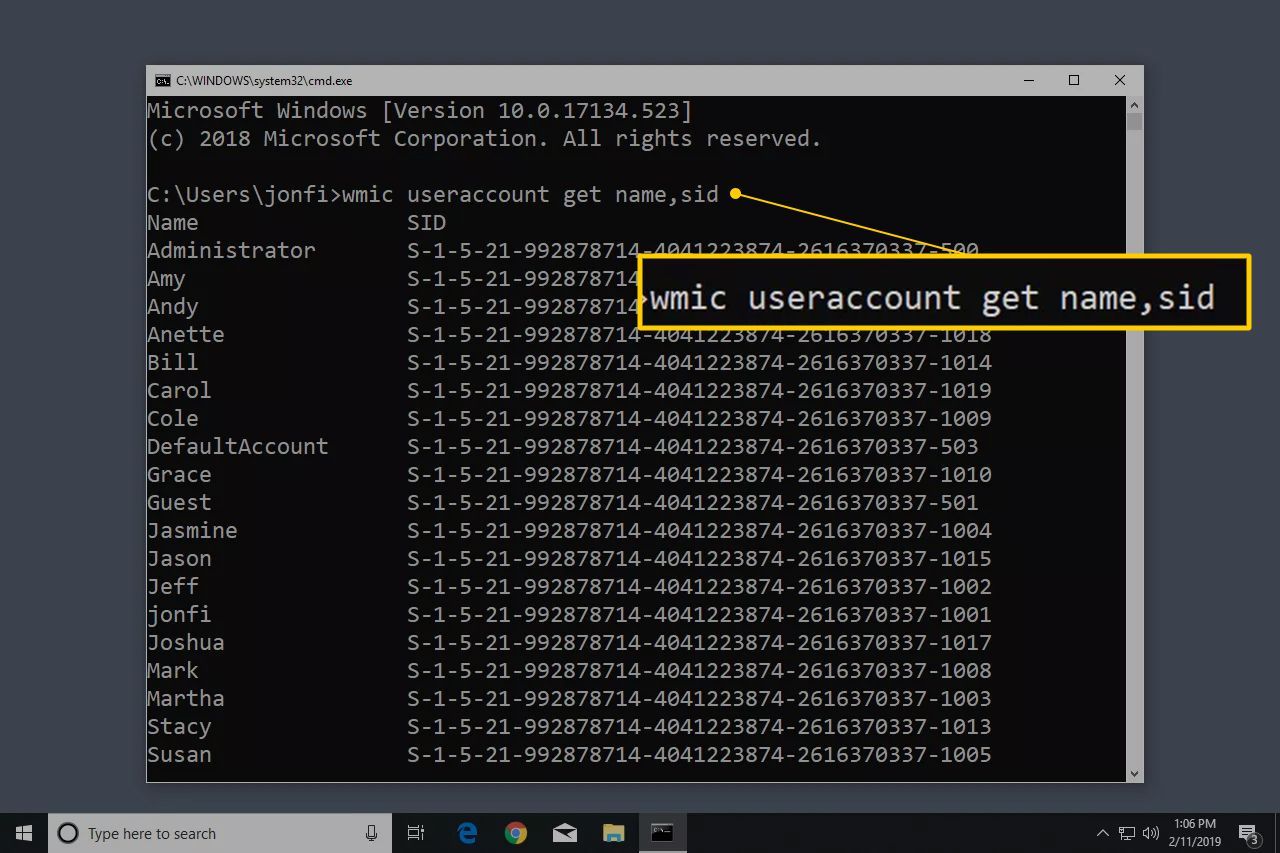 команда wmic useraccount в Windows 10