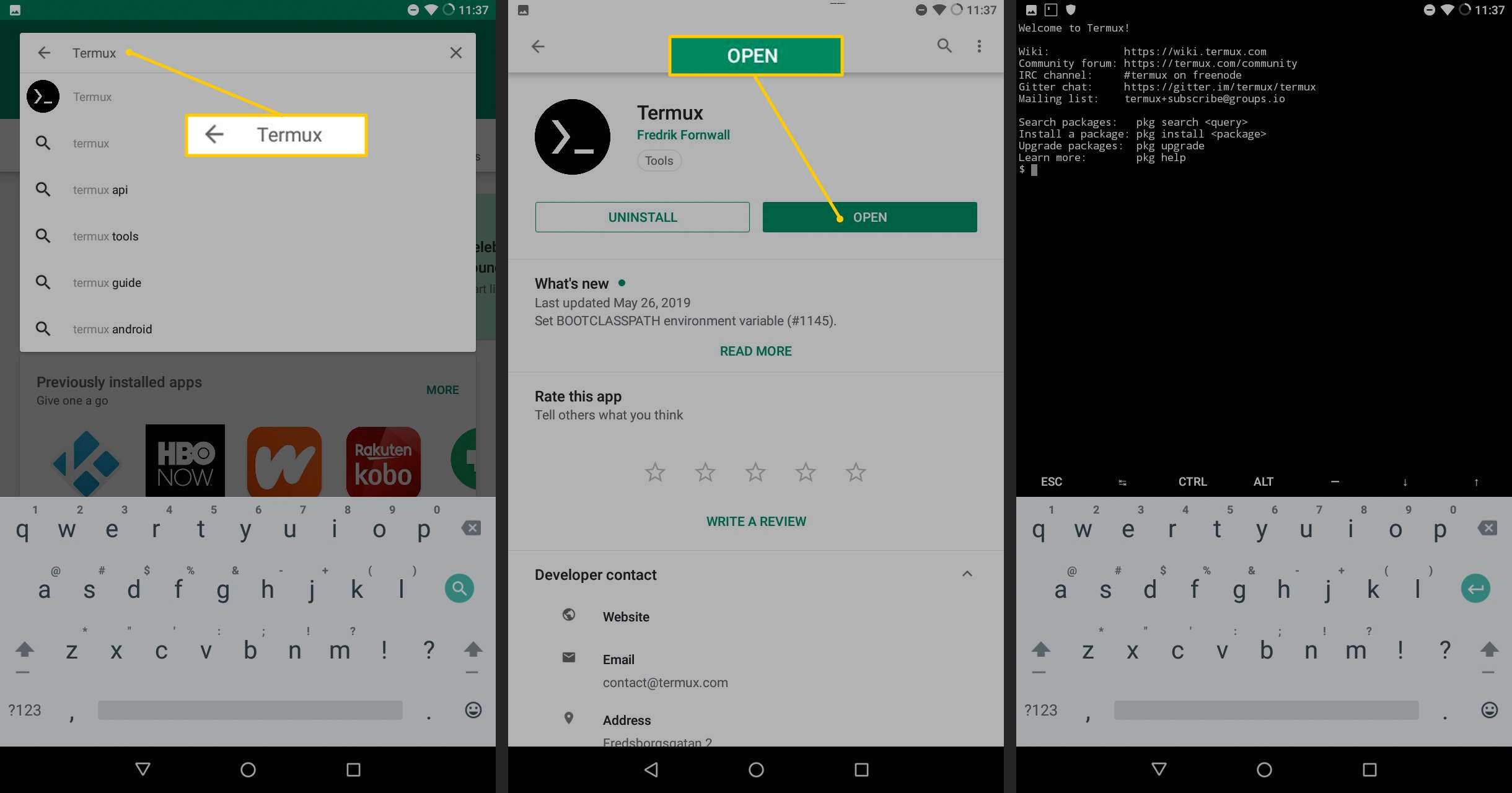 Поле поиска Termux, кнопка «Открыть», приложение Termux, работающее на Android