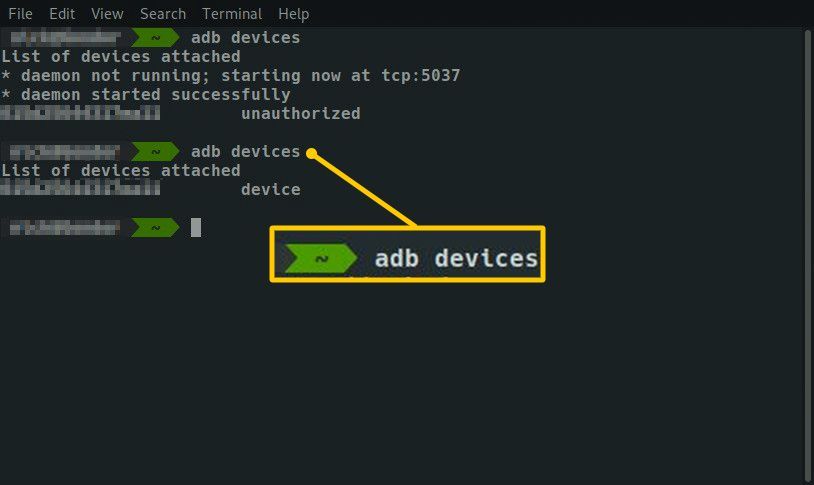 команда adb devices на терминале Android