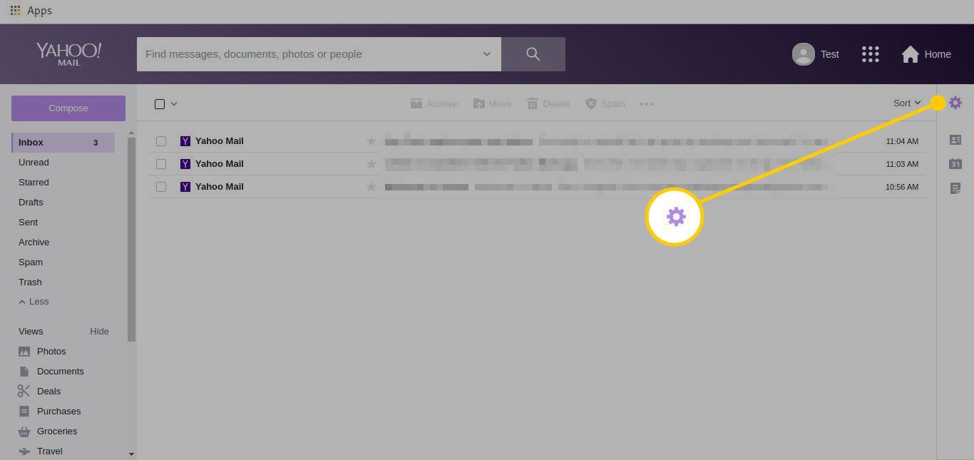 Почтовый ящик Yahoo Mail с выделенным значком шестеренки