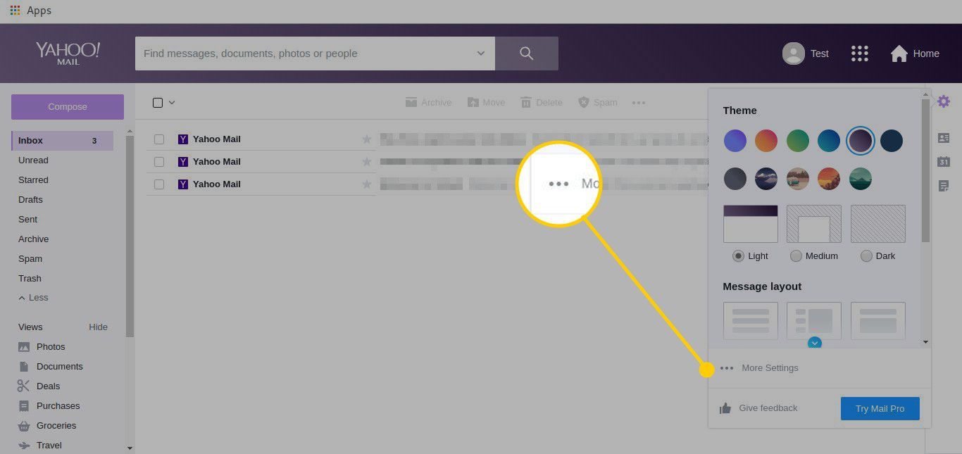 Почта Yahoo с выделенной кнопкой «Дополнительные настройки»