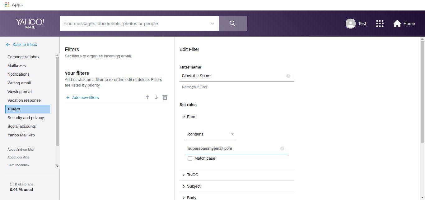 Yahoo Mail создает новый фильтр