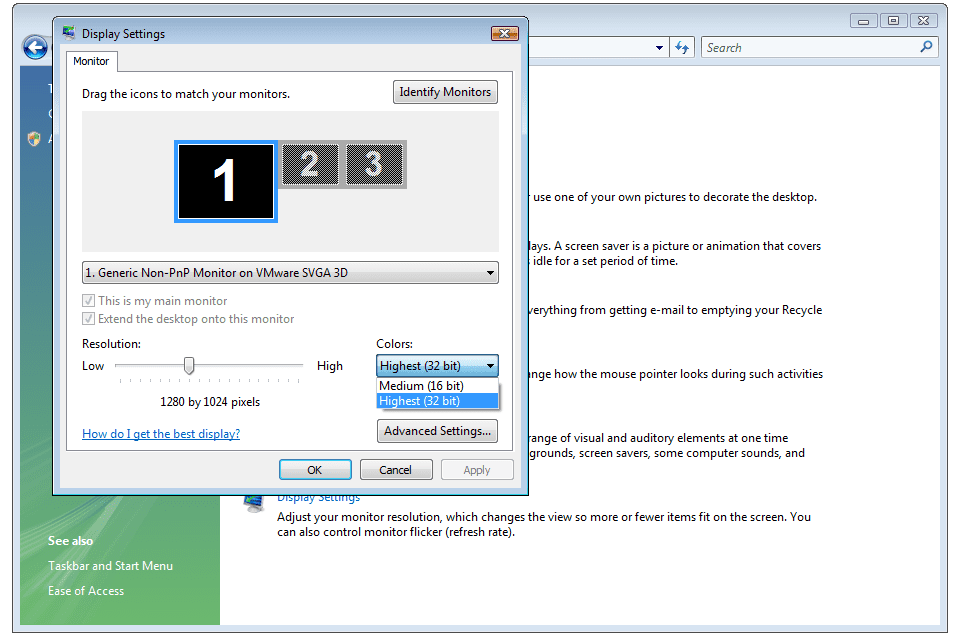 Снимок экрана с настройками качества цвета в Windows Vista