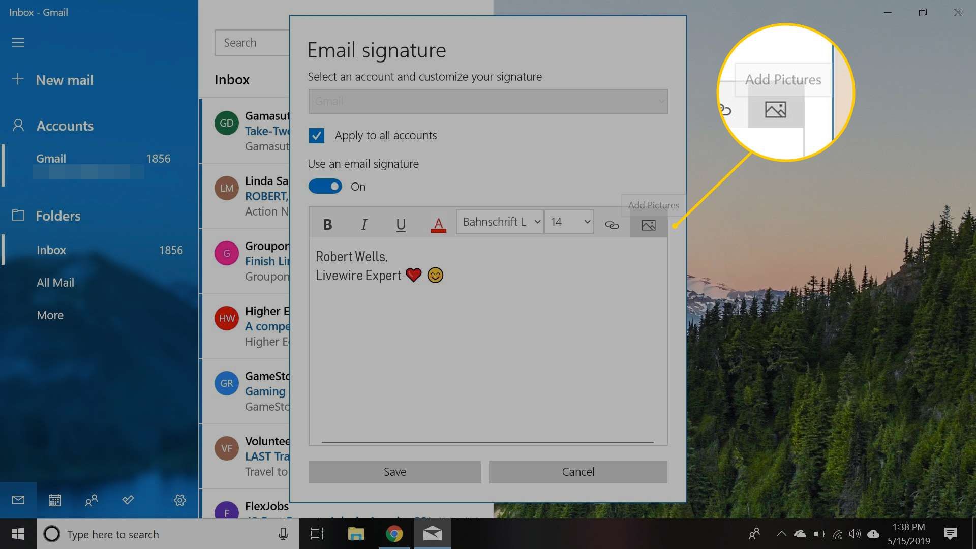 Кнопка «Добавить картинки» в Windows 10 Mail