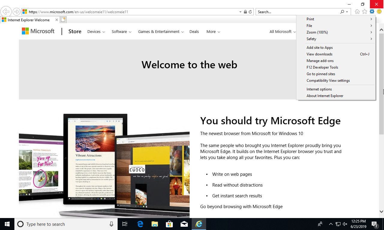 Скриншот меню настроек Internet Explorer